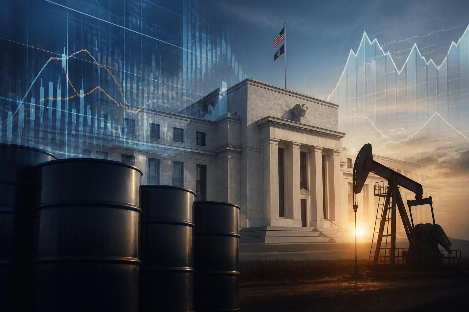 Federal Reserve, grafici finanziari e petrolio per un articolo su inflazione, tassi e mercati