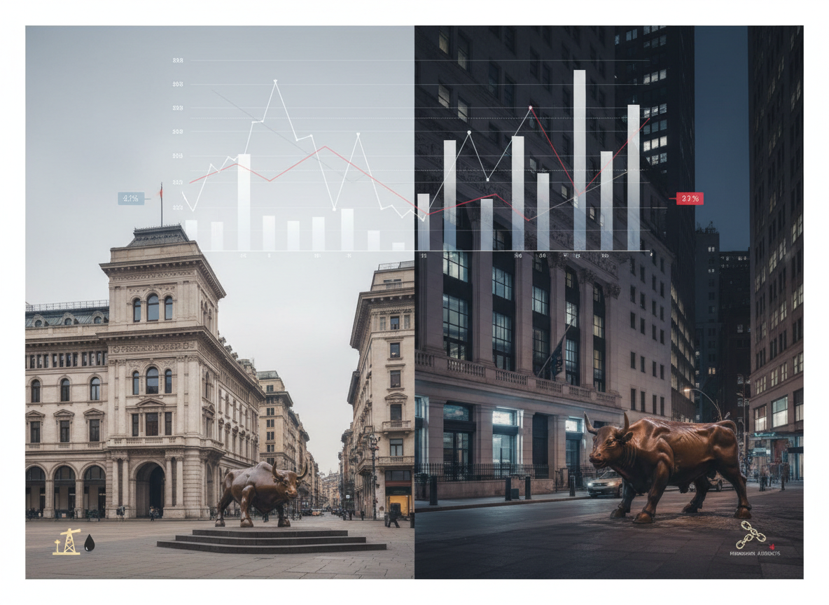 Piazza Affari e Wall Street in una grafica editoriale sui mercati finanziari del 14 settembre 2026
