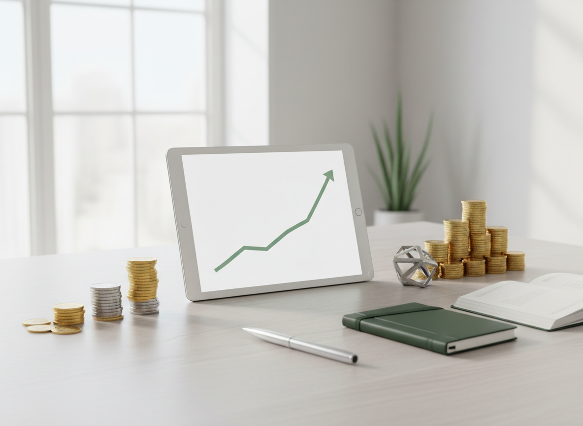 Illustrazione editoriale su un piano di accumulo ETF con grafico crescente e risparmio mensile
