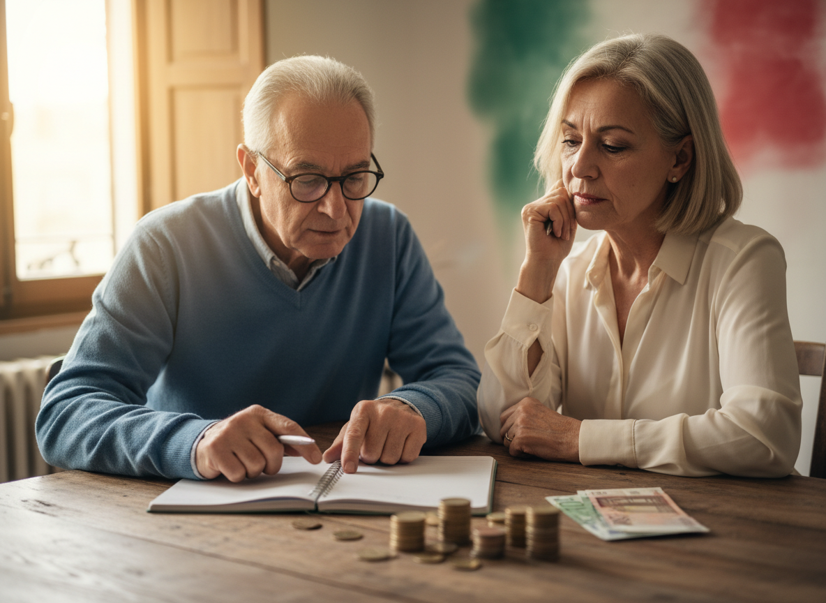 Coppia di pensionati italiani che consulta i conti domestici con monete in euro sul tavolo.