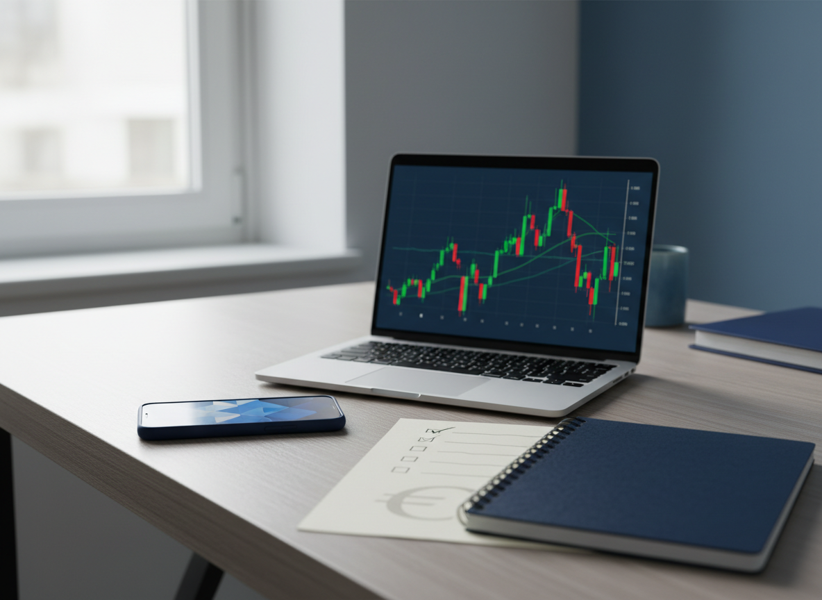 Laptop e smartphone con grafici finanziari su una scrivania, immagine dedicata alla scelta delle piattaforme di trading.