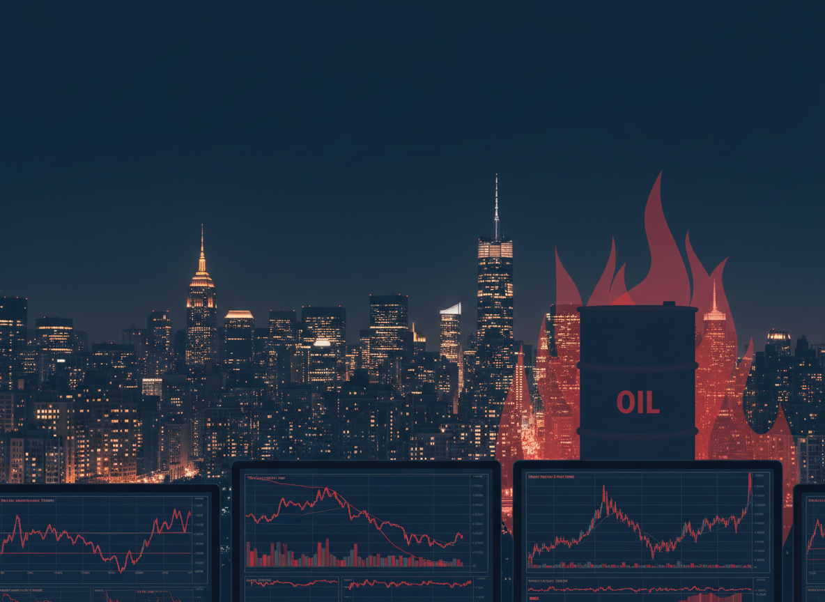 Wall Street e grafici di Borsa in rosso con un barile di petrolio in primo piano