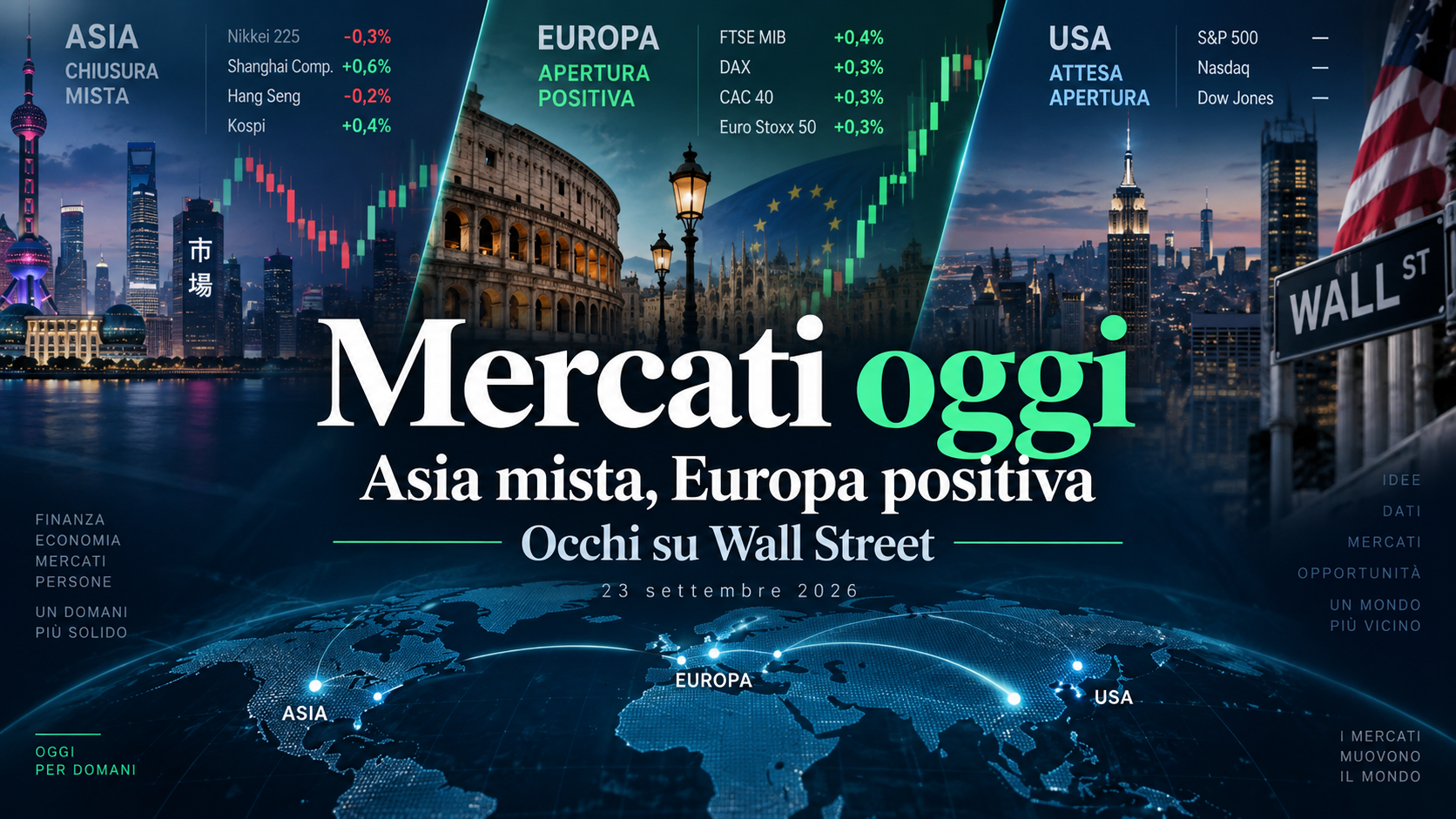 Mercati oggi: Asia mista, Europa positiva, occhi su Wall Street