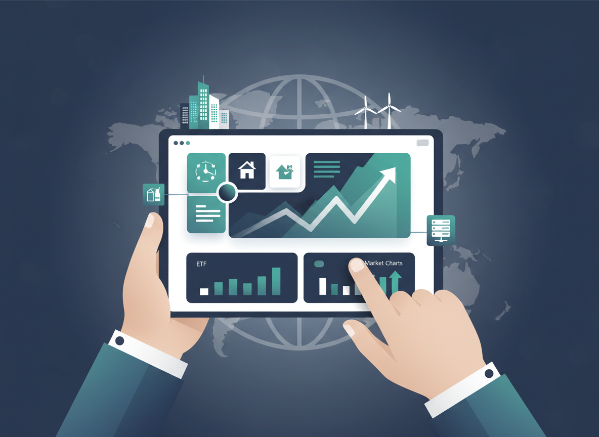 Illustrazione sugli investimenti con dashboard, grafici e crescita del portafoglio