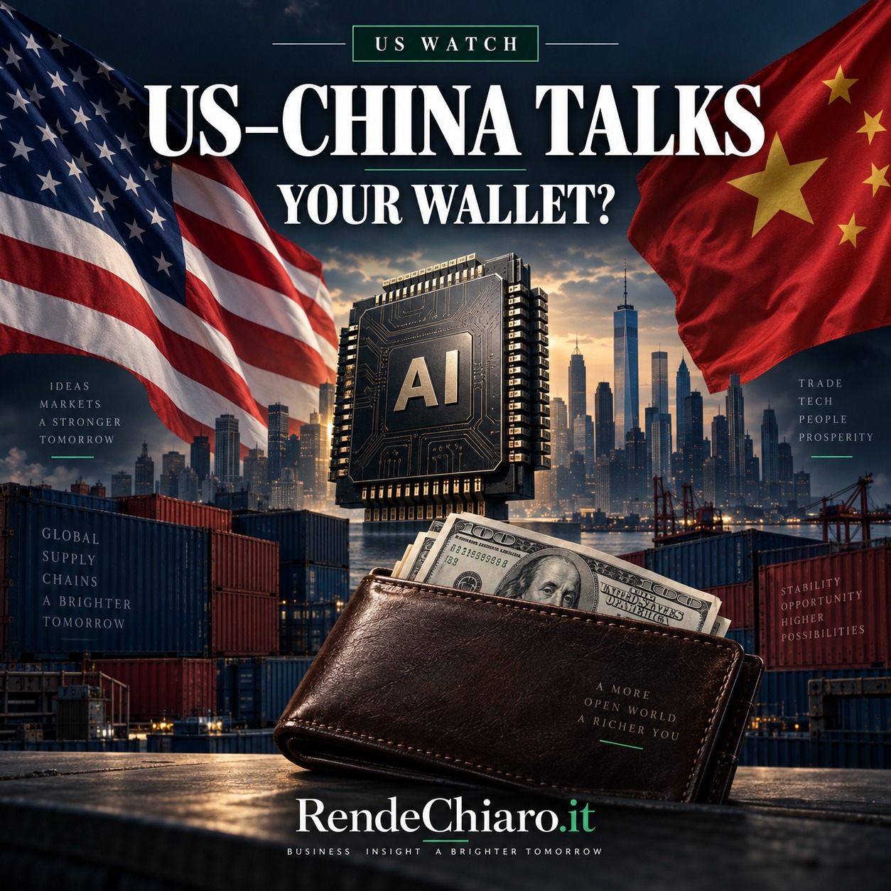 Editorial illustration with US and Chinese flags, an AI chip and a dollar-filled wallet: US–China Talks, Your Wallet?