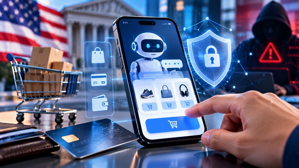 Agente AI per acquisti online, carta di pagamento e simboli di sicurezza digitale con sfondo statunitense