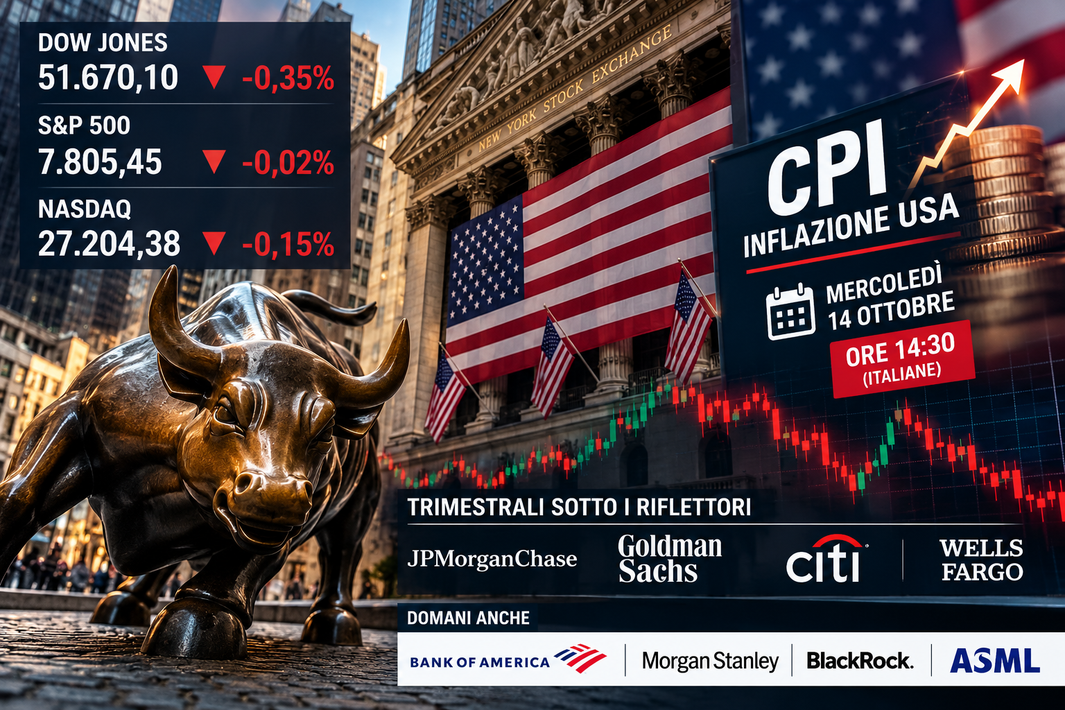 Wall Street, indici USA in calo e attesa per l'inflazione americana del 14 ottobre 2026