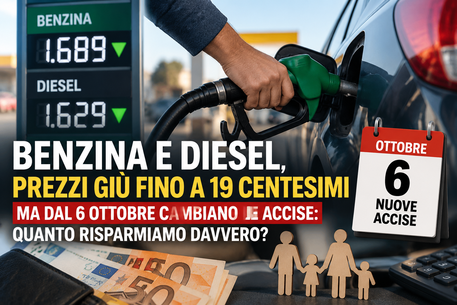 Benzina e diesel, prezzi in calo fino a 19 centesimi e nuove accise dal 6 ottobre