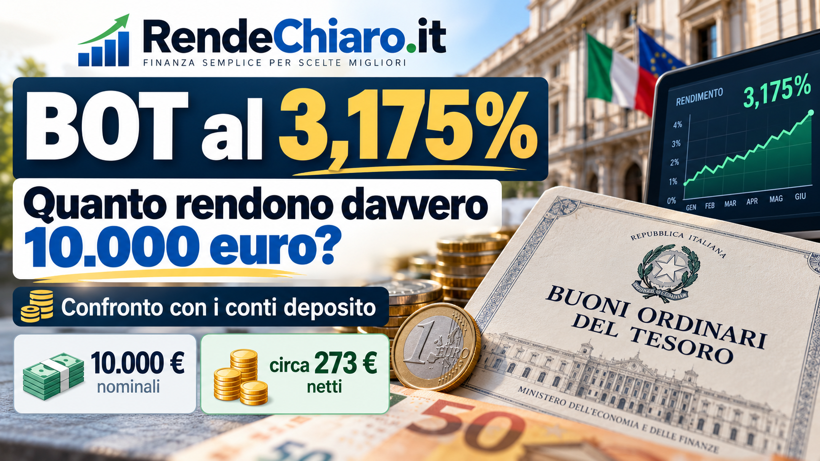 BOT al 3,175%: rendimento di 10.000 euro e confronto con i conti deposito