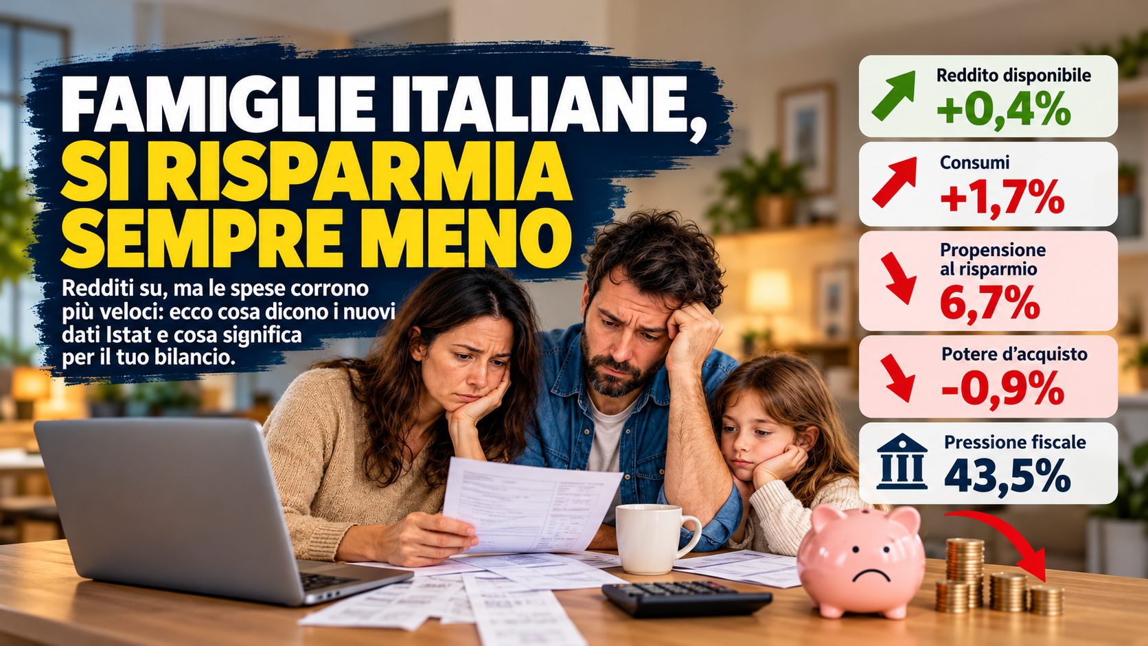 Famiglia italiana alle prese con il bilancio familiare e i nuovi dati Istat su redditi, consumi e risparmio