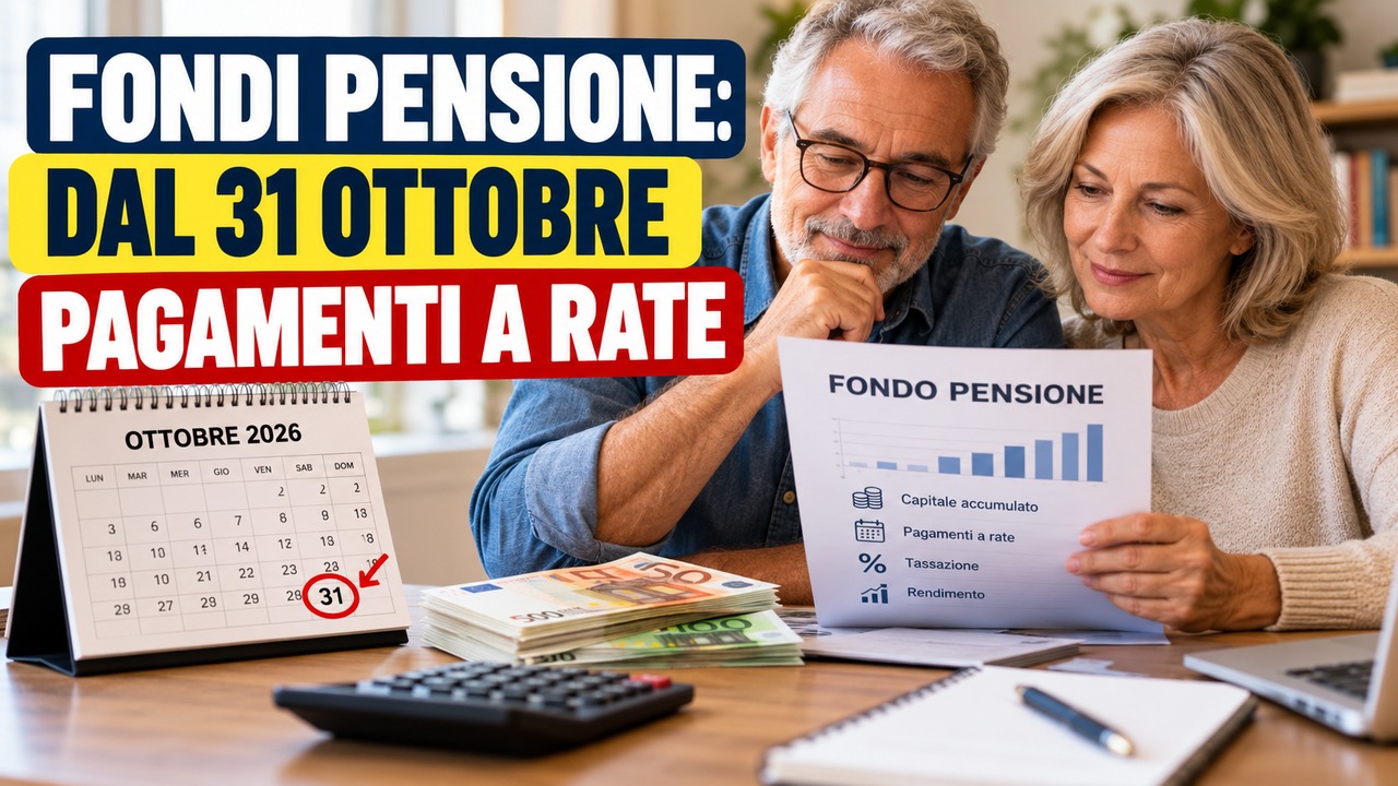 Coppia di pensionati consulta il prospetto del fondo pensione, accanto a un calendario del 31 ottobre 2026