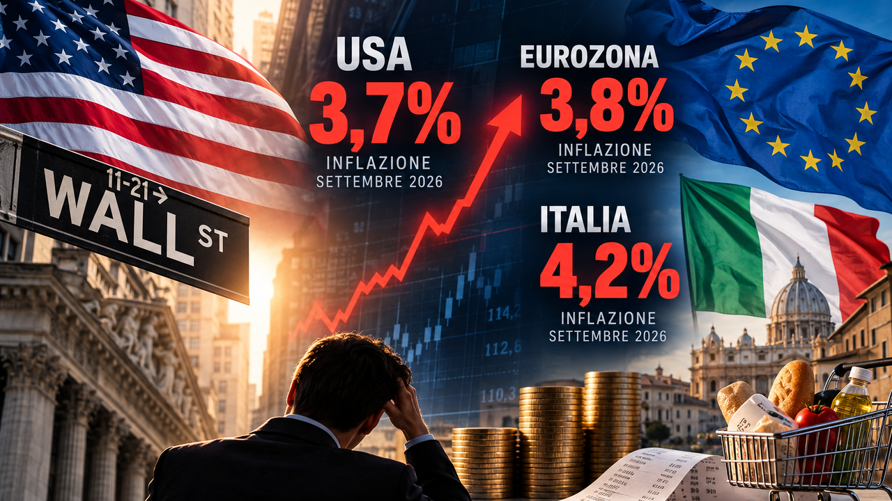 Inflazione settembre 2026: Stati Uniti 3,7%, Eurozona 3,8%, Italia 4,2%, con Wall Street e grafico dei mercati