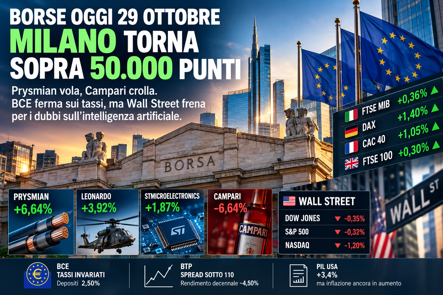 Borse oggi 29 ottobre: Milano sopra 50.000 punti, Prysmian e Campari, BCE e Wall Street