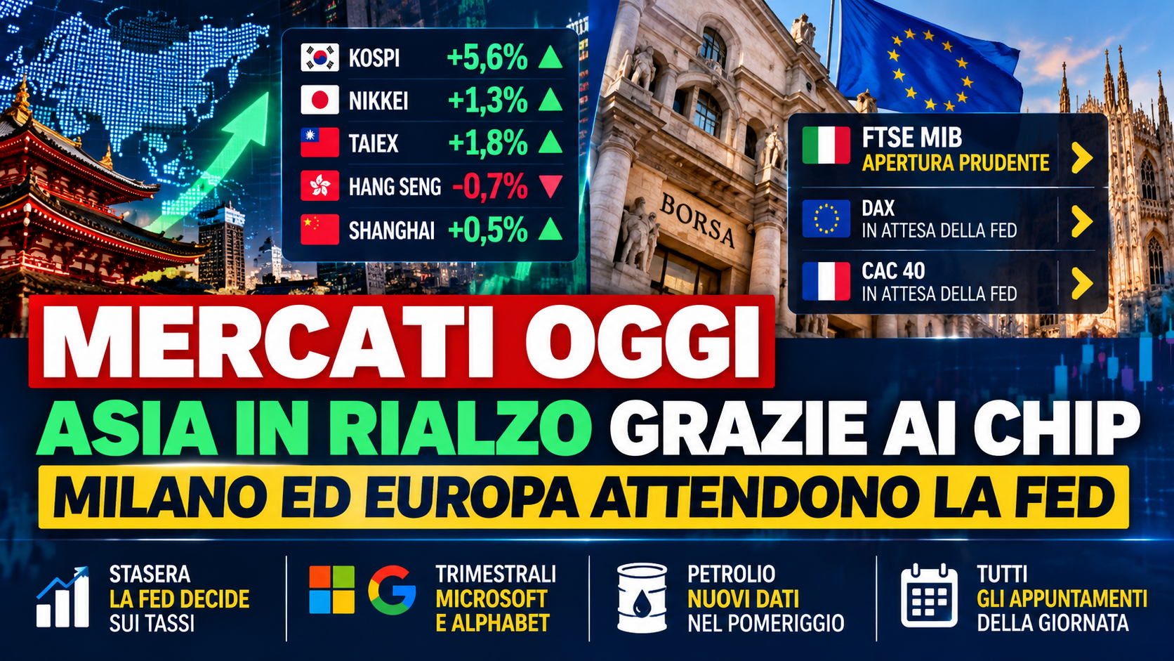 Mercati oggi 28 ottobre 2026: Borse asiatiche in rialzo, Milano ed Europa attendono la Fed