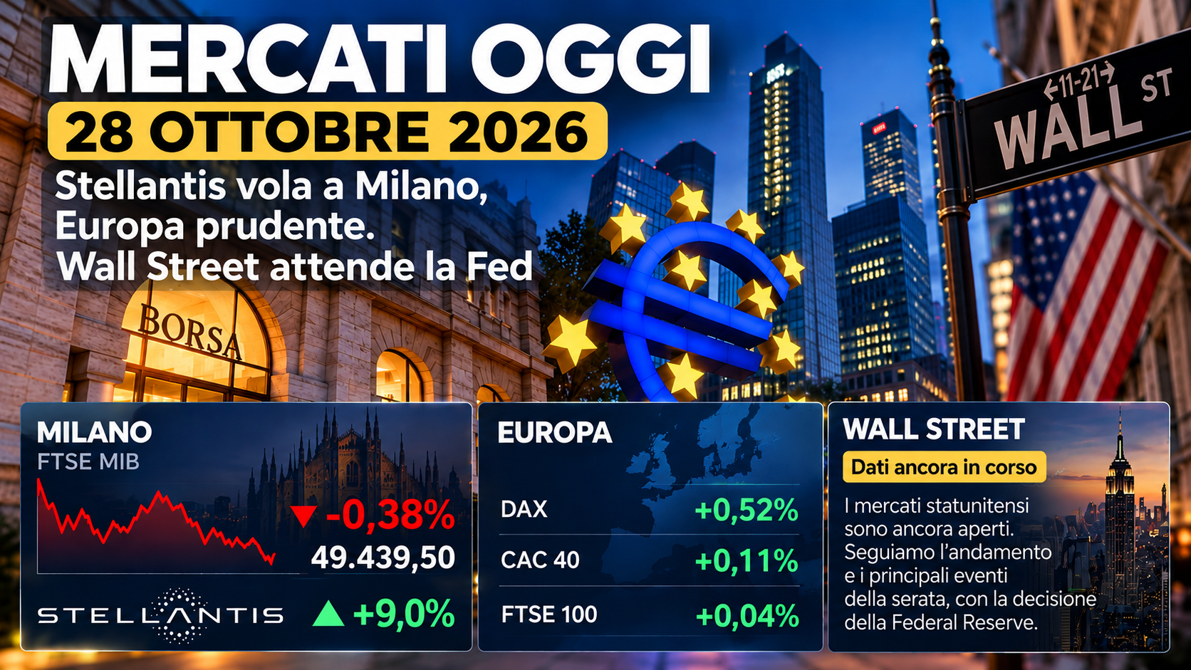 Mercati 28 ottobre 2026: FTSE MIB -0,38%, Europa e Wall Street con dati ancora in corso