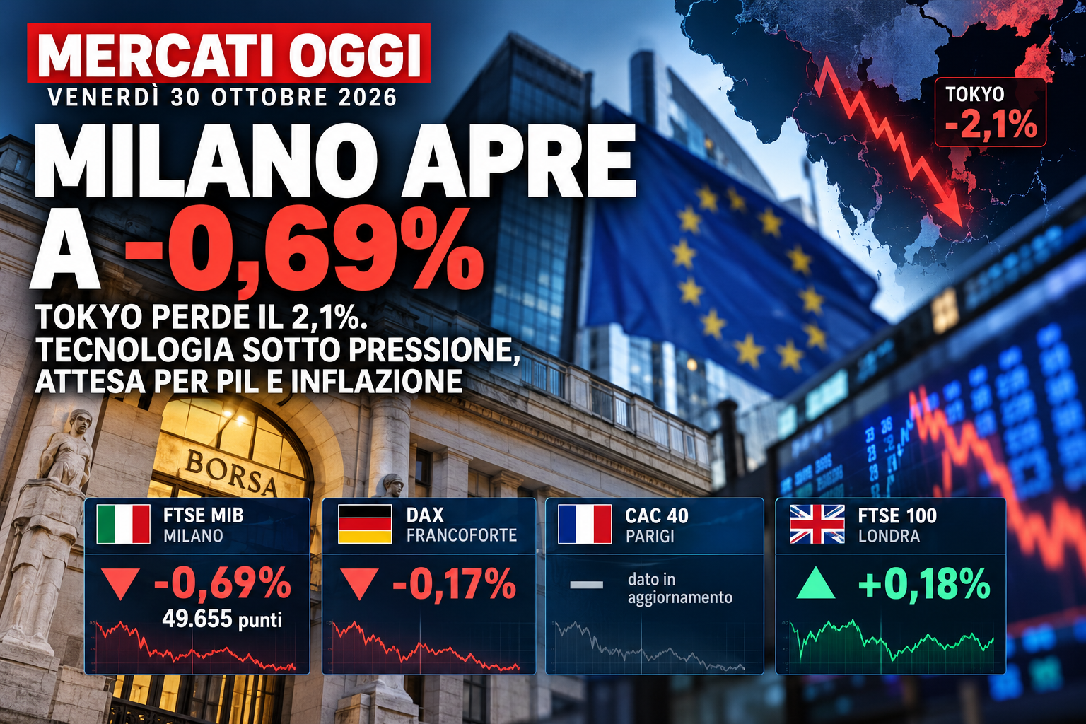 Mercati oggi: Milano apre a -0,69%, Tokyo perde il 2,1%, tecnologia sotto pressione