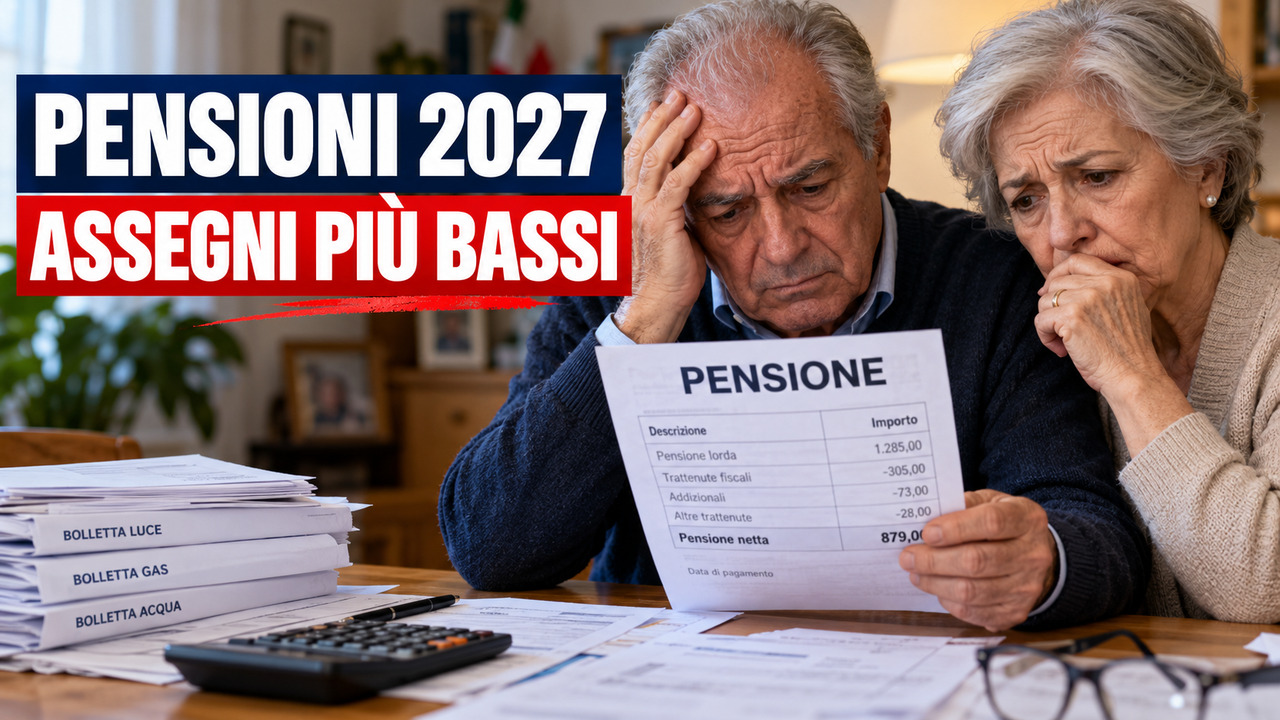 Coppia di pensionati preoccupati con un cedolino Pensione e titolo Pensioni 2027 assegni più bassi