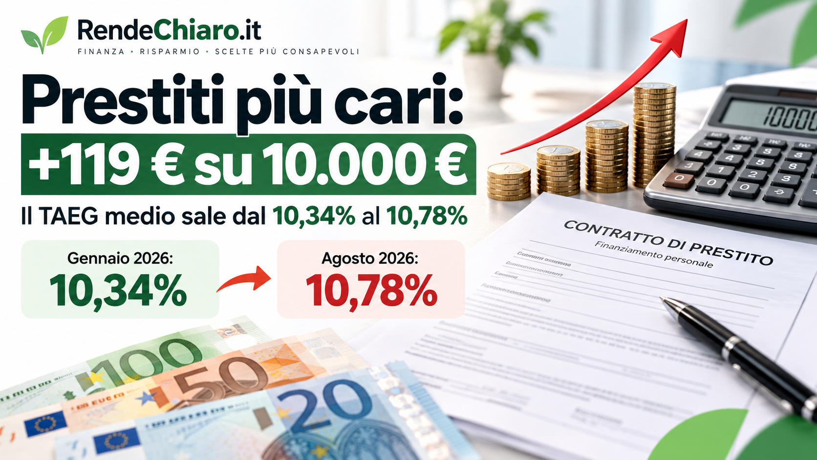 Prestiti più cari: confronto del TAEG medio dal 10,34% al 10,78% su un finanziamento da 10.000 euro