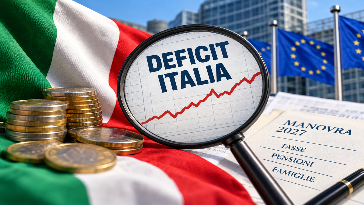 Bandiera italiana, monete in euro e documento sulla manovra 2027