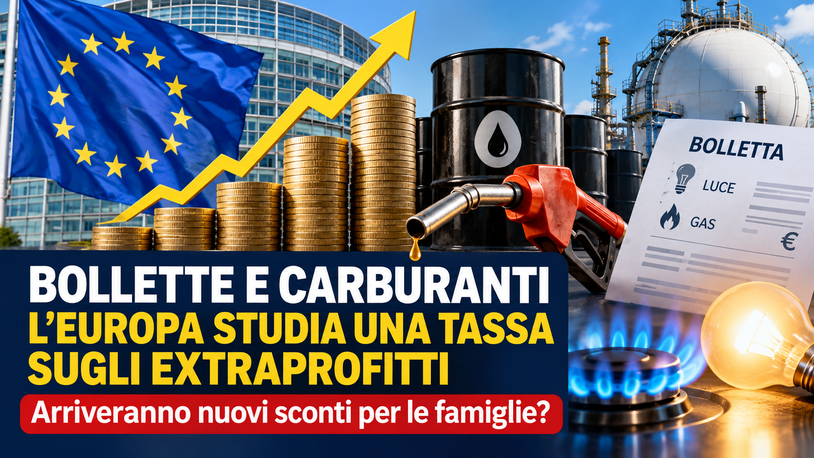 Grafica con bandiera UE, petrolio, bollette e titolo sulla tassa europea agli extraprofitti