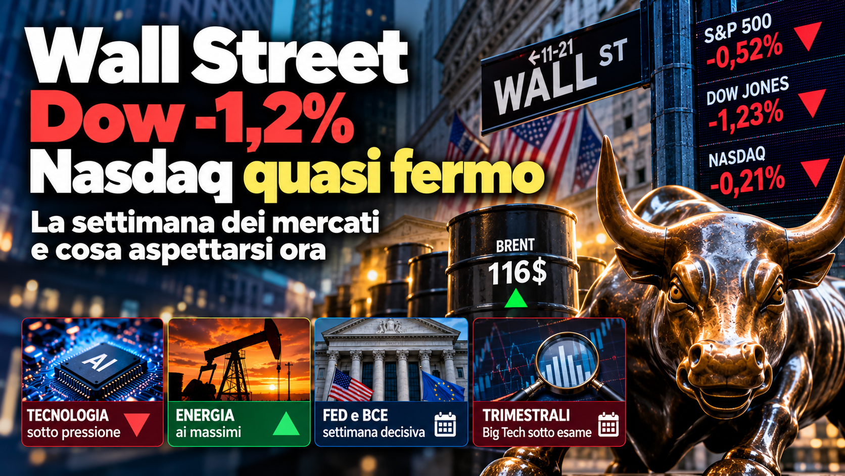Wall Street, Dow -1,2%, Nasdaq quasi fermo, petrolio Brent a 116 dollari, settimana Fed e BCE