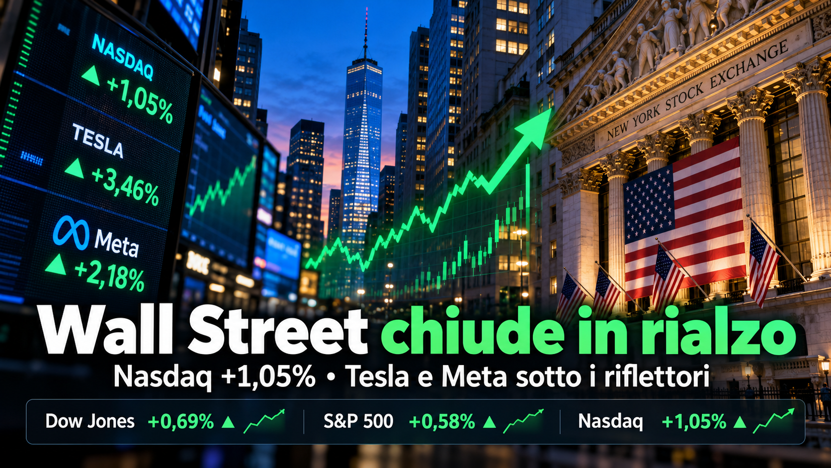 Wall Street chiude in rialzo: Nasdaq +1,05%, S&P 500 +0,58%, Dow Jones +0,69%, Tesla e Meta sotto i riflettori