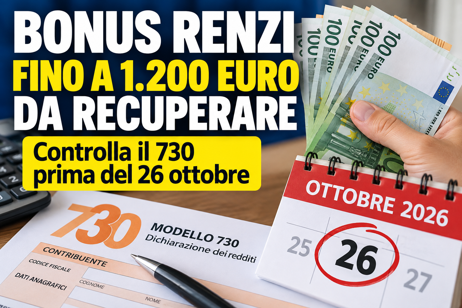 Bonus Renzi fino a 1.200 euro da recuperare con controllo del modello 730 entro il 26 ottobre 2026