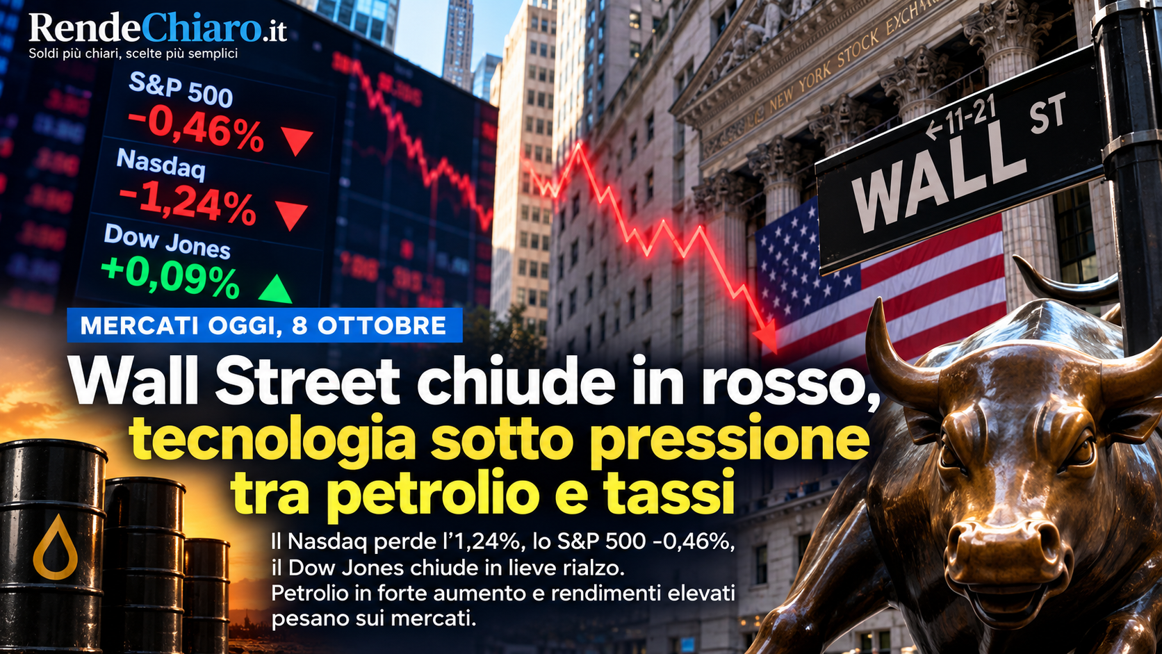 Mercati Oggi 8 ottobre: Wall Street chiude in rosso, tecnologia sotto pressione tra petrolio e tassi